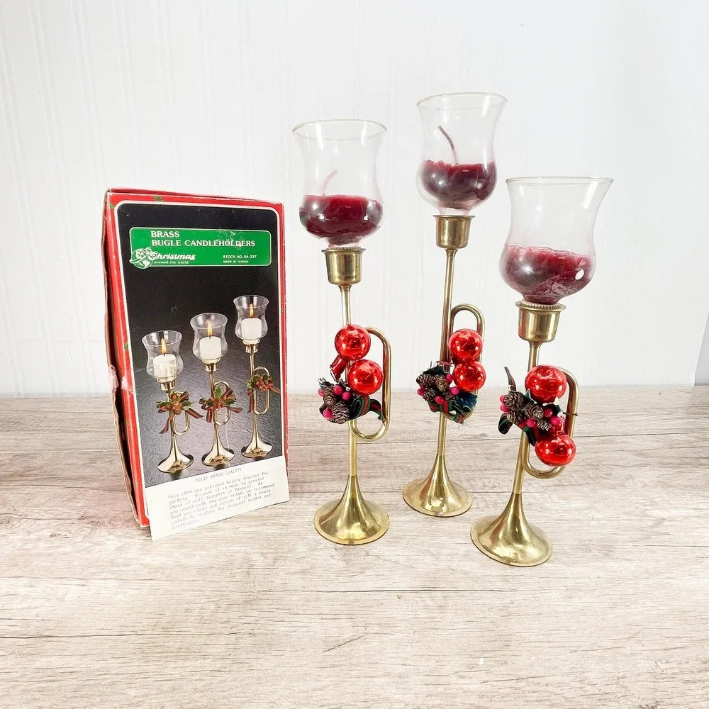 Vintage Brass Horn‎ Candlestick Set: MCM Holiday Votive Holders